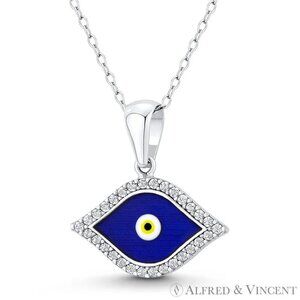 Evil Eye Luck Charm CZ Crystal & Enamel Pendant in .925 Sterling Silver